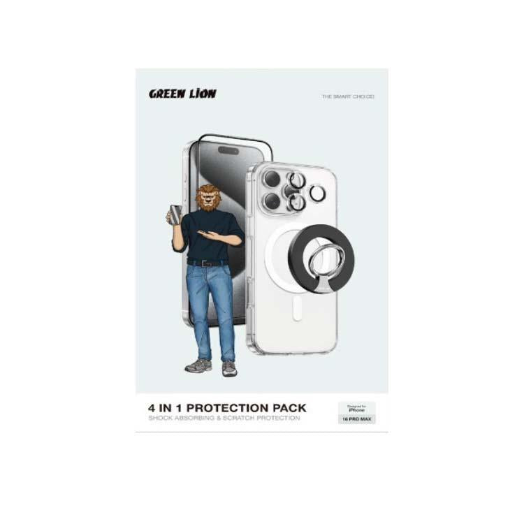 جرين لايون 4 في 1 باك الحماية لهاتف ايفون 16 برو / برو ماكس - شفاف | Green Lion 4 In 1 Protection Pack for iPhone 16 Pro / Pro Max - Transparent