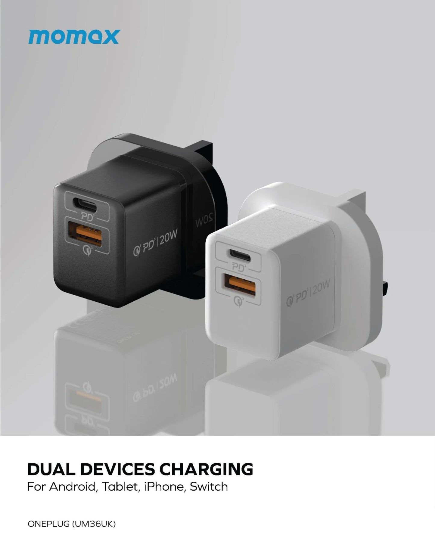 شاحن موماكس وان بلاج بحجم صغير بمنفذي تايب سي ويو اس بي اي وبقدرة شحن 20 واط | Momax One Plug 20W 2-Port Mini Charger | Dual Port Fast Charger
