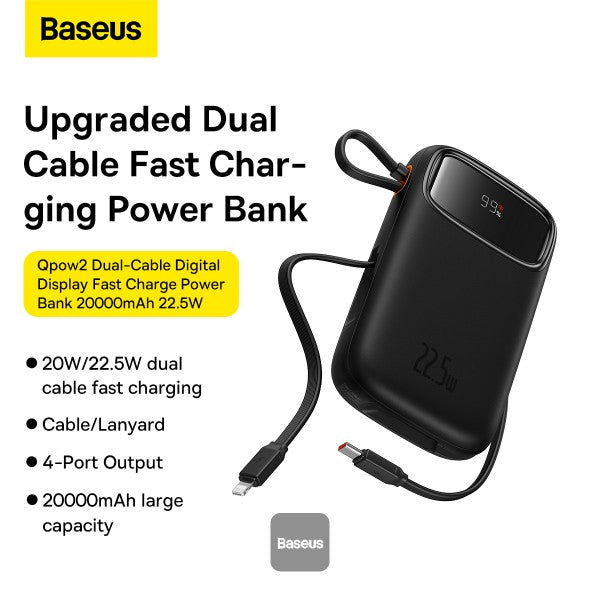Baseus QPow2 Dual-Cable Power Bank 10000mAh 22.5W Black | بطارية شحن محمولة بيسوس 10000 مللي أمبير 22.5 واط