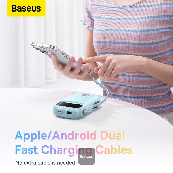 Baseus QPow2 Dual-Cable Power Bank 10000mAh 22.5W Blue (With Cable C 0.3m) - باور بانك بيسوس 10000 مللي أمبير