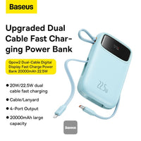 Baseus QPow2 Dual-Cable Power Bank 10000mAh 22.5W Blue (With Cable C 0.3m) - باور بانك بيسوس 10000 مللي أمبير