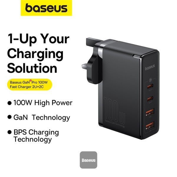 شاحن Baseus GaN5 Pro 2C+2U بقوة 100 واط | Baseus GaN5 Pro Charger 2C+2U 100W UK Black (With Cable C→C 100W 1m Black)