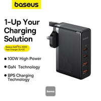 شاحن Baseus GaN5 Pro 2C+2U بقوة 100 واط | Baseus GaN5 Pro Charger 2C+2U 100W UK Black (With Cable C→C 100W 1m Black)