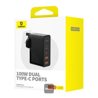 شاحن Baseus GaN5 Pro 2C+2U بقوة 100 واط | Baseus GaN5 Pro Charger 2C+2U 100W UK Black (With Cable C→C 100W 1m Black)