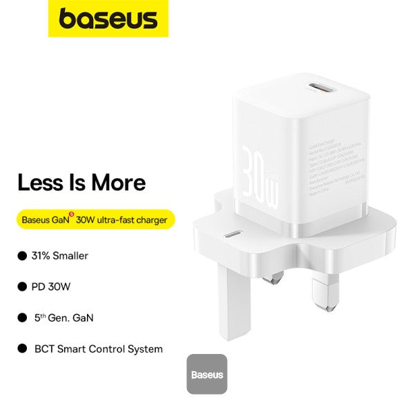 شاحن Baseus GaN5 Mini 30W UK - Baseus GaN5 Mini Charger 1C 30W UK White