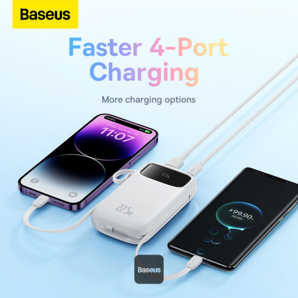 Baseus QPow2 Dual-Cable Power Bank 10000mAh 22.5W White - بيسوس باور بانك 10000 مللي أمبير 22.5 واط أبيض
