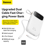 Baseus QPow2 Dual-Cable Power Bank 10000mAh 22.5W White - بيسوس باور بانك 10000 مللي أمبير 22.5 واط أبيض