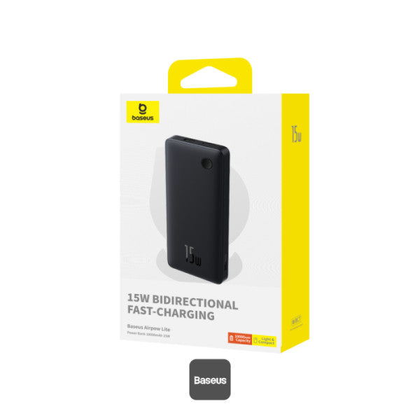 باور بانك Baseus Airpow Lite 10000mAh للشحن السريع 15 واط مع منفذ Type-C ومنفذ USB-A - أسودBaseus Airpow Lite 10000mAh Fast Charge Power Bank 15W With Type-C and USB-A Port - Black