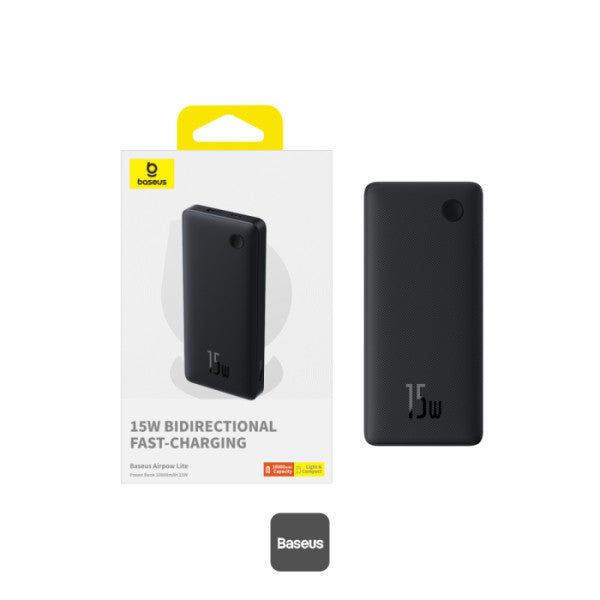 باور بانك Baseus Airpow Lite 10000mAh للشحن السريع 15 واط مع منفذ Type-C ومنفذ USB-A - أسودBaseus Airpow Lite 10000mAh Fast Charge Power Bank 15W With Type-C and USB-A Port - Black