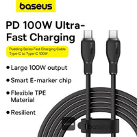 Baseus Pudding Series Fast Charging Cable Type-C to Type-C 100W 5A 2M - Black | كابل تايب سي بيسوس بودينج شحن سريع 100 واط 5 أمبير 2 متر - أسود