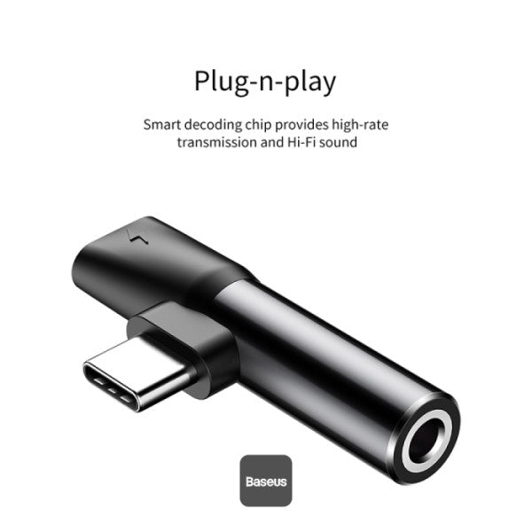 محول صوتي Baseus L41 من Type-C إلى Type-C ومنفذ 3.5 ملم (شحن + موسيقى) - أسود | Baseus L41 Audio Converter Type-C to Type-C & 3.5mm Jack Adapter (Charge + Music) - Black