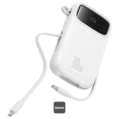 Baseus QPow 2 Power Bank 20000mAh 30W White (2 Built-in Cables) | باور بانك بيسوس كيو باو 2 بسعة 20000 مللي أمبير 30 واط أبيض (كابلين مدمجين)