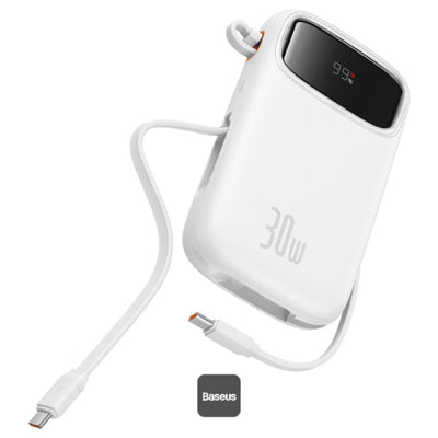 Baseus QPow 2 Power Bank 20000mAh 30W White (2 Built-in Cables) | باور بانك بيسوس كيو باو 2 بسعة 20000 مللي أمبير 30 واط أبيض (كابلين مدمجين)