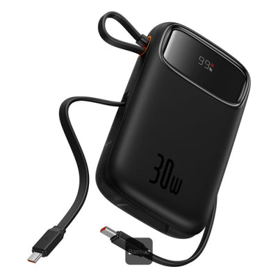 Baseus QPow 2 Power Bank 20000mAh 30W Black (2 Built-in Cables) - بطارية بيسوس كيو باو 2 المحمولة 20000 مللي أمبير 30 واط أسود بكابلين مدمجين