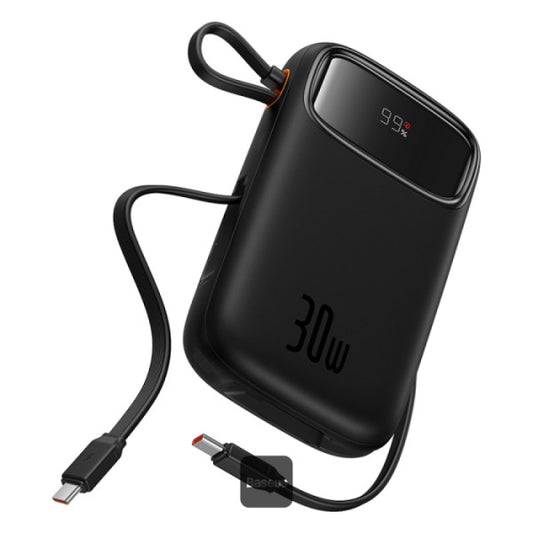 Baseus QPow 2 Power Bank 20000mAh 30W Black (2 Built-in Cables) - بطارية بيسوس كيو باو 2 المحمولة 20000 مللي أمبير 30 واط أسود بكابلين مدمجين