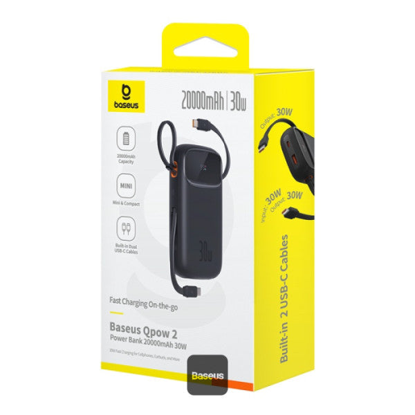Baseus QPow 2 Power Bank 20000mAh 30W Black (2 Built-in Cables) - بطارية بيسوس كيو باو 2 المحمولة 20000 مللي أمبير 30 واط أسود بكابلين مدمجين