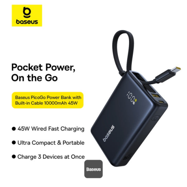 Baseus PicoGo Power Bank 10000mAh 45W Black - باور بانك بيسوس بيكو جو 10000 مللي أمبير 45 واط أسود
