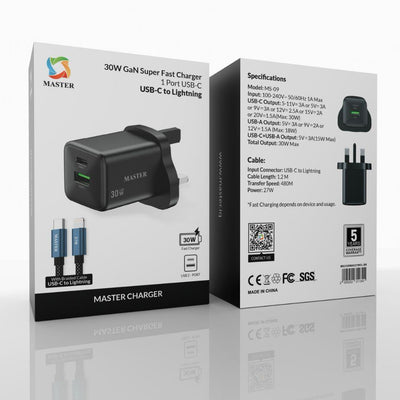 Master 30W Charger USB-A + USB-C with 27W USB-C to Lightning Cable – Black | شاحن ماستر 30 وات منفذين + كابل 27 وات USB-C إلى Lightning أسود