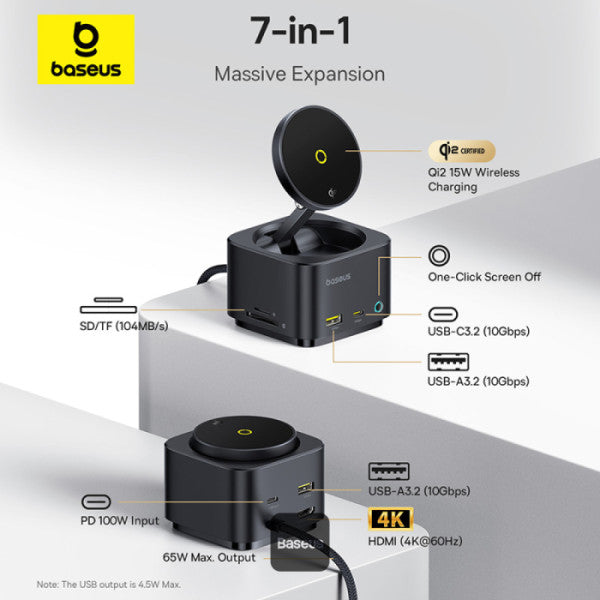 هاب Baseus MagPro II 7 في 1 مع شحن لاسلكي مغناطيسي | Baseus MagPro II 7-in-1 HUB Magnetic Wireless Charging 15W Black