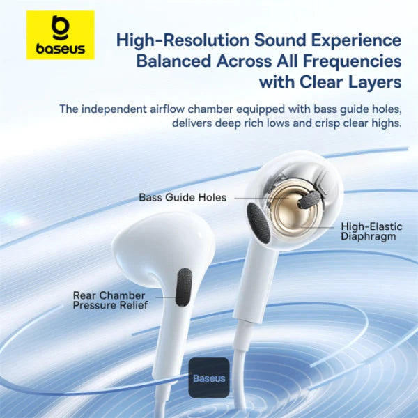 سماعات أذن باسوس (Baseus CZ19) بمنفذ USB-C - صوت Hi-Fi عالي النقاء - ميكروفون مدمج وتحكم في مستوى الصوت - تصميم مريح - أبيض