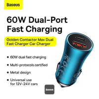 شاحن سيارة بيسوس جولدن كونتاكتور ماكس 60 واط بمنفذي USB-C وUSB-A للشحن السريع | Baseus Golden Contactor Max 60W Car Charger USB-C & USB-A Fast Charging