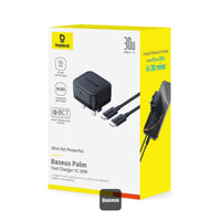 Baseus Palm Charger 1C 30W UK Black (With Cable C→C 60W 1m Black) | شاحن بيسوس بالم 1C 30 واط UK أسود