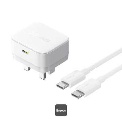 Baseus Palm Charger 1C 30W UK White (With Cable C→C 60W 1m White) | شاحن بيسوس بالم 1C 30 واط UK أبيض