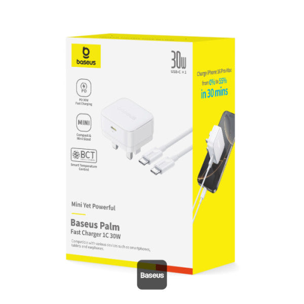 Baseus Palm Charger 1C 30W UK White (With Cable C→C 60W 1m White) | شاحن بيسوس بالم 1C 30 واط UK أبيض