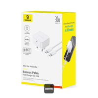 Baseus Palm Charger 1C 30W UK White (With Cable C→C 60W 1m White) | شاحن بيسوس بالم 1C 30 واط UK أبيض