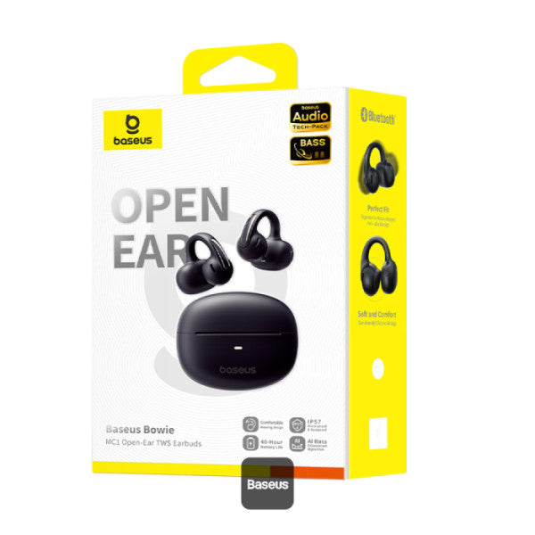 Baseus Bowie MC1 Open-Ear Ear Clip Headphones Bluetooth 5.4 40H Battery AI Bass IP57 - White | سماعات بيسوس بوي MC1 مفتوحة الأذن كليب لاسلكية بلوتوث 5.4 بطارية 40 ساعة باس ذكي مقاومة للماء IP57 - أبيض