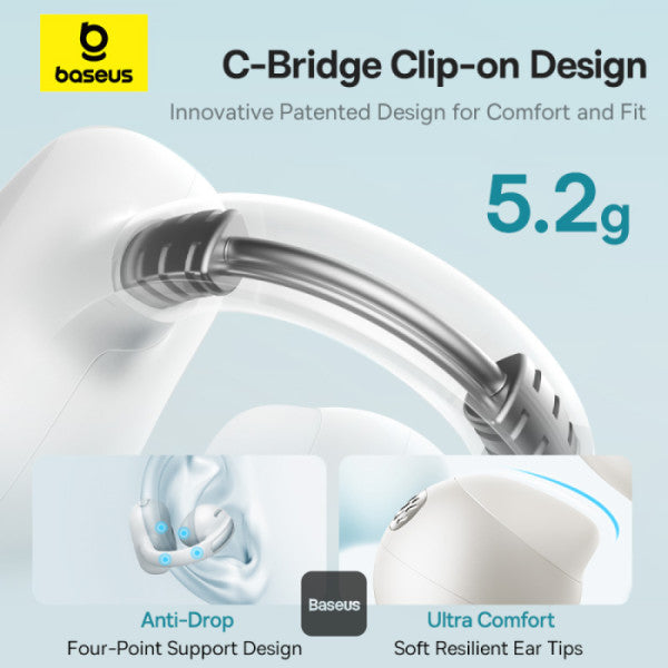 Baseus Bowie MC1 Open-Ear Ear Clip Headphones Bluetooth 5.4 40H Battery AI Bass IP57 - White | سماعات بيسوس بوي MC1 مفتوحة الأذن كليب لاسلكية بلوتوث 5.4 بطارية 40 ساعة باس ذكي مقاومة للماء IP57 - أبيض
