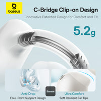 Baseus Bowie MC1 Open-Ear Ear Clip Headphones Bluetooth 5.4 40H Battery AI Bass IP57 - White | سماعات بيسوس بوي MC1 مفتوحة الأذن كليب لاسلكية بلوتوث 5.4 بطارية 40 ساعة باس ذكي مقاومة للماء IP57 - أبيض