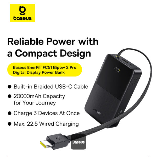 Baseus EnerFill FC51 Bipow2 Pro Power Bank 20000mAh 22.5W Black Built-in Cable - باور بانك بيسوس انرفيل FC51 بايباو 2 برو 20000 مللي أمبير 22.5 واط أسود بكيبل مدمج