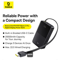 Baseus EnerFill FC51 Bipow2 Pro Power Bank 20000mAh 22.5W Black Built-in Cable - باور بانك بيسوس انرفيل FC51 بايباو 2 برو 20000 مللي أمبير 22.5 واط أسود بكيبل مدمج