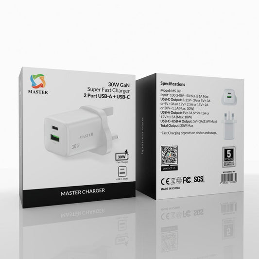 Master 30W Fast Charger USB-A + USB-C – White | شاحن ماستر 30 وات منفذين USB-A + USB-C أبيض