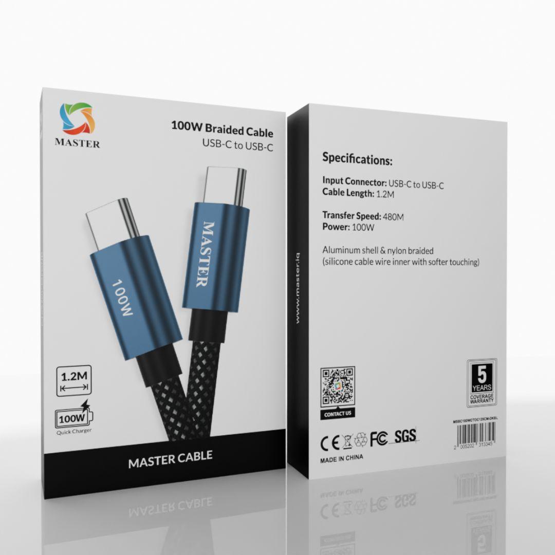كيبل ماستر مظفر تايب سي الى تايب سي بقدرة شحن 100 واط - ازرق داكن | Master Braided 100W USB-C to USB-C Cable - Dark Blue