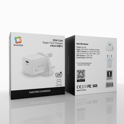 Master 30W Fast Charger 1-Port USB-C – White | شاحن ماستر 30 وات منفذ واحد USB-C أبيض