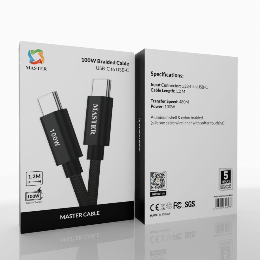 كيبل ماستر مظفر تايب سي الى تايب سي بقدرة شحن 100 واط وطول 1.2 متر | Master Braided 100W Cable USB-C to USB-C 1.2M