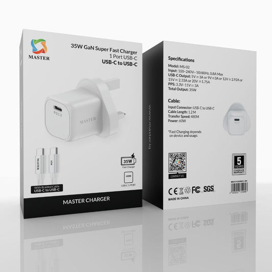 Master Super Fast Charger 35W with 60W PD USB-C Cable – White | شاحن ماستر سوبر فاست 35 وات مع كابل 60 وات PD أبيض