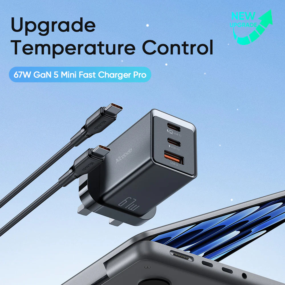 Mcdodo 67W 2 Port Type-c & 1 Port USB Gan5 mini Fast Charger Pro with Type-c to Type-c Cable 1.2m - شاحن جداري بقدرة 67واط بمنفذين تايب سي ومنفذ يو اس بي  مع كيبل تايب سي
