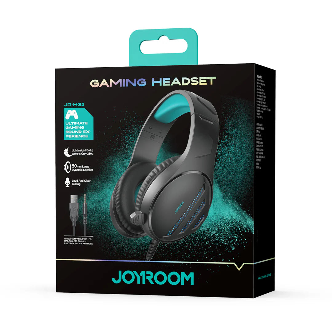 Guhdawerên Lîstikê yên Joyroom JR-HG2, Ajokarên 50mm bi Ronahîkirina LED - Reş | Guhdawerên Lîstikê yên Joyroom JR-HG2 – Ajokarên 50mm, Ronahîya Şîn a Qeşayê – Reş