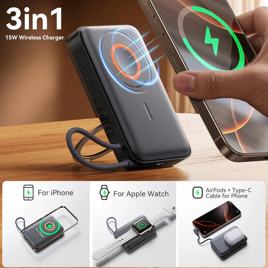 JOYROOM 3-di-1 Bankeya Hêza Magnetîk a 3-di-1 de, Kapasîteya 10,000mAh, Barkirina 22.5W - Reş | JOYROOM JR-PBM02 22.5W 3-di-1 Bankeya Hêza Mobîl a Magnetîk 10000mAh – Reş