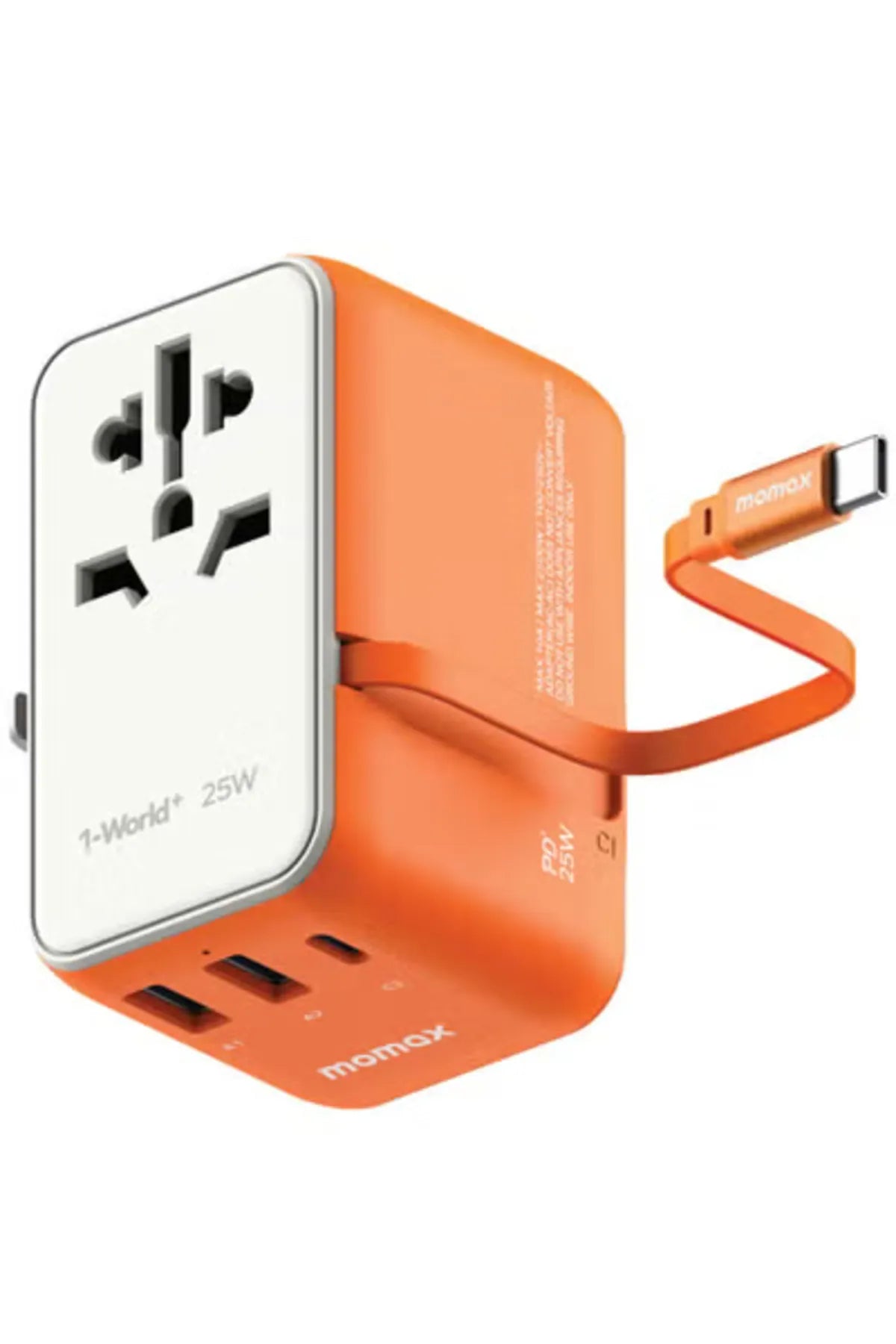 شاحن موماكس World+  العالمي بقدرة شحن 25 واط مع كيبل تايب سي مدمج  | Momax World+ 25W 3-Port Charger with Built-in USB-C Cable + AC Travel Adapter