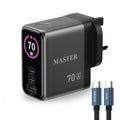 شاحن ماستر جان 70 واط ثلاثة منافذ مع كيبل 100 واط سي إلى سي - رمادي | Master 70W GaN Fast Charger 3 Ports with 100W USB-C Cable - Gray