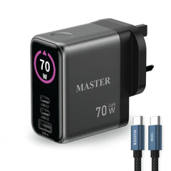 Master 70W GaN Fast Charger 3 Ports with 100W USB-C Cable Gray MSCHGFCH70W-GY