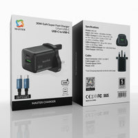 Master 30W Charger USB-A + USB-C with 60W USB-C Cable – Black | شاحن ماستر 30 وات منفذين + كابل 60 وات USB-C أسود