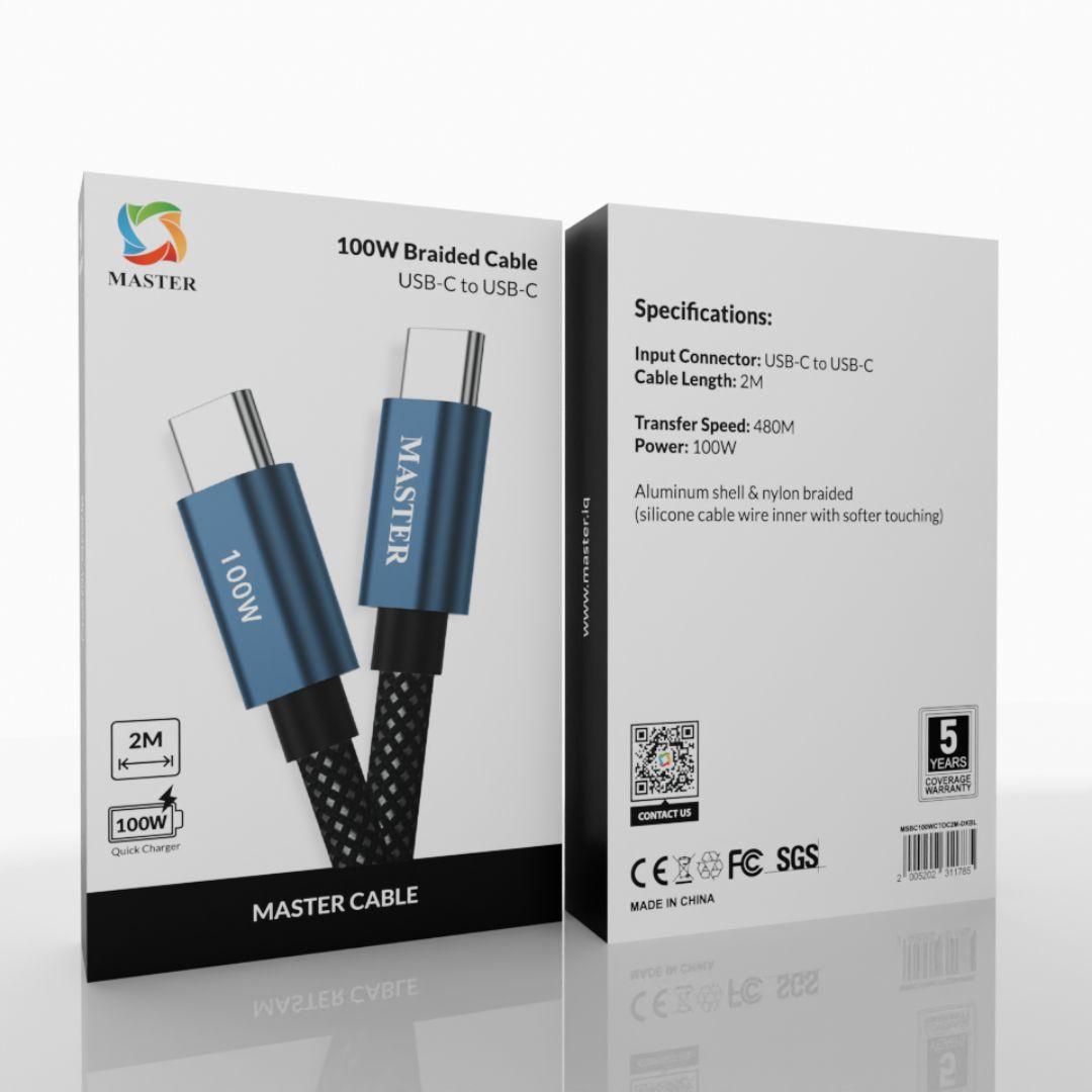كيبل ماستر مظفر تايب سي الى تايب سي بقدرة شحن 100 واط - ازرق داكن | Master Braided 100W USB-C to USB-C Cable - Dark Blue
