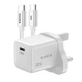 شاحن ماستر 30 واط منفذ سي واحد مع كيبل 60 واط سي إلى سي - أبيض | Master 30W Charger 1 Port USB-C with Cable USB-C to USB-C 60W - White