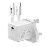 شاحن ماستر 30 واط منفذ سي واحد مع كيبل 60 واط سي إلى سي - أبيض | Master 30W Charger 1 Port USB-C with Cable USB-C to USB-C 60W - White