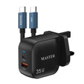 شاحن ماستر 35 واط منفذ سي ومنفذ إيه مع كيبل 60 واط سي إلى سي - أسود | Master 35W Charger 2 Port USB-C & USB-A with Cable USB-C to USB-C 60W - Black